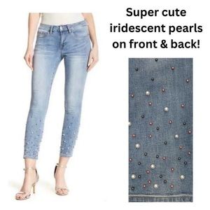 NANETTE LEPORE Hamilton Mid Rise Skinny Crop Blue Jeans Pearl Embellished Size 2